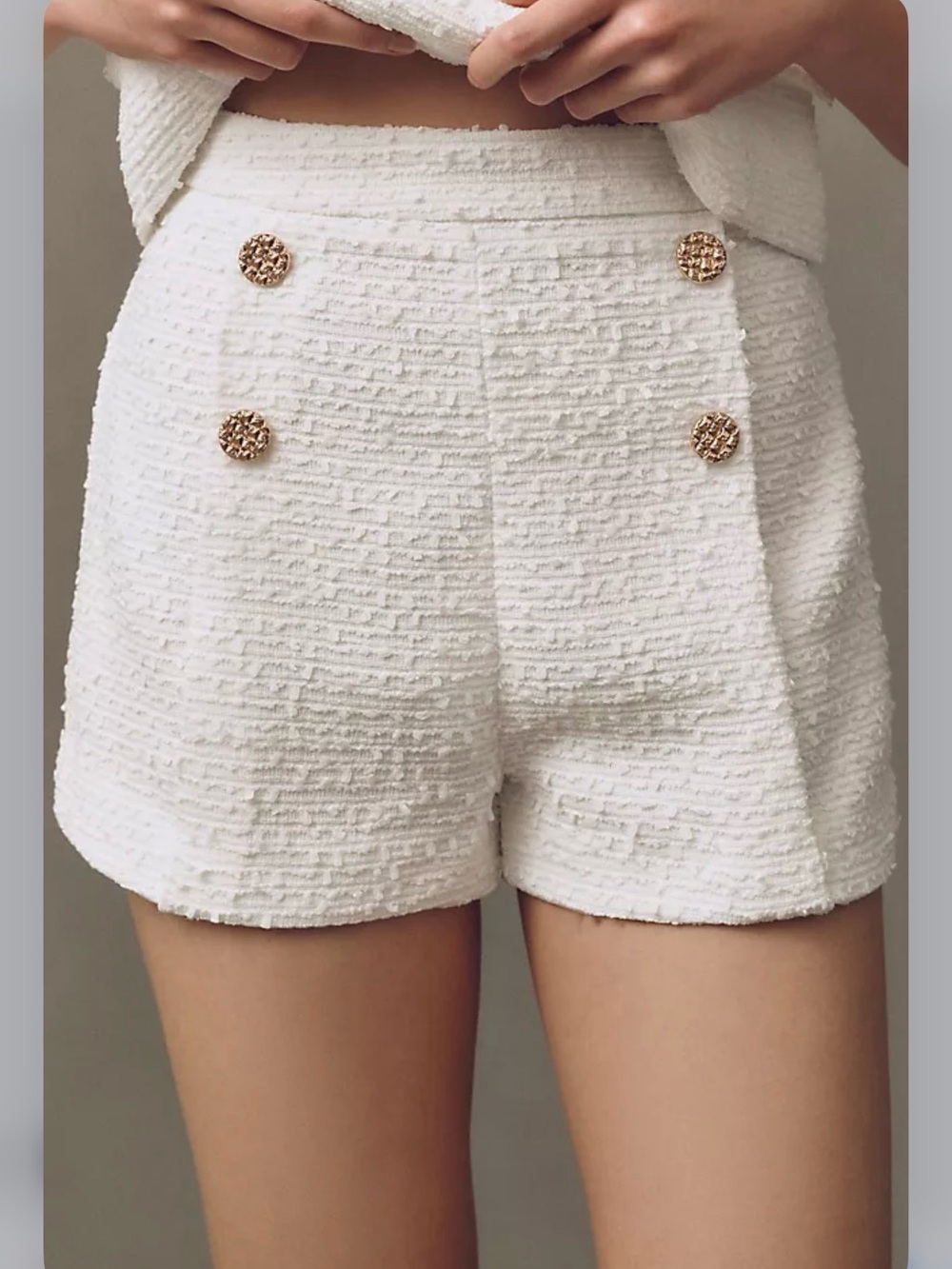 Textured White High-Waist Button Front Shorts